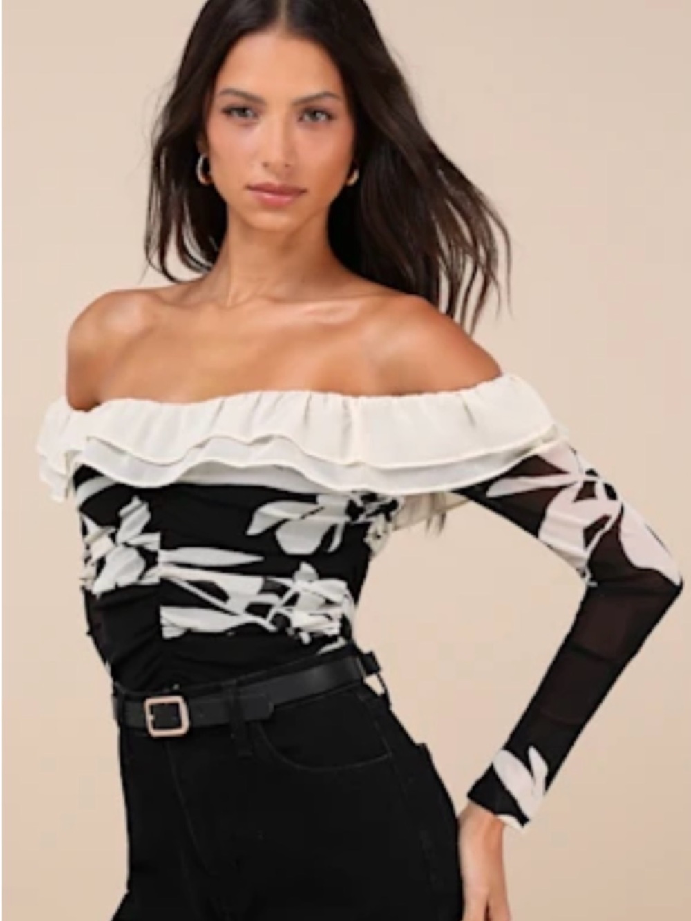 Off-Shoulder Black & White Floral Ruffle bodysuit